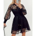 Rengamoda Kadın Içi Astarlı Brit Düğmeli Mini Güpürlü Elbise - 2XL - 3XL - Siyah