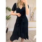 Rengamoda Krep Kumaş Midi Boy Kuşaklı Elbise (Renk Seçenekli) - XL - Siyah