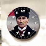 Renkli Baskı Atatürk Desenli Sayılı Hediyelik Ahşap Sessiz Duvar Saati 50cm ÇOk Renkli