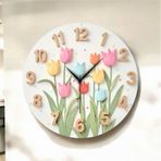 Renkli Baskı Çiçek Desenli Sayılı Hediyelik Ahşap Sessiz Duvar Saati 50cm ÇOk Renkli