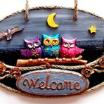 Renkli Baykuşlu Welcome Yazılı El Yapımı Kapı Süsü