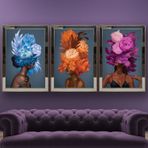 Renkli Buketli Afrikalı Kadınlar Temalı Aynalı Çerçeveli 3 lü Kanvas Tablo Seti 150x70 cm SETS0219