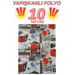 Renkli Duvarlar 45cm x 10 Metre 1 Rulo Folyo Yapışkanlı London Yazılı Kafe Mutfak Duvar Kaplama Folyosu Kağıdı