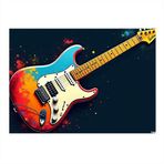Renkli Elektro Gitar Çizimi Hediyelik Ahşap Tablo 25cmX 35cm