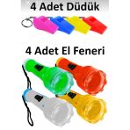 Renkli Ipli Hakem Düdük Yüksek Desibel 4 Adet + Elfeneri Karışık Renkli 4 Adet