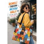 Renkli Kedi Desenli Omuz Çantası Kadın Tote Bag Oxford Kumaş Fermuarlı İç Cepli Çift Taraflı Baskılı 40X35 Cm