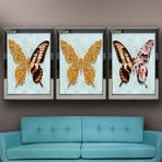 Renkli Şekilli Kelebekler Temalı Aynalı Çerçeveli 3 lü Kanvas Tablo Seti 150x70 cm SETS0244