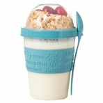 Renkli Take and Go Kaşıklı Hazneli Meyveli Yoğurt Kabı Piknik Iş Atıştırmalık Diyet Müsli Granola Süt Bardağı (Turkuaz)