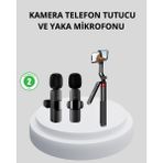 Renklime Kablosuz Çift Yaka Mikrofonu ve Tripodlu Selfie Çubuğu Içerik Üretici Seti