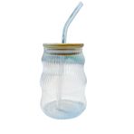 renovon 500ml Bambu Kapaklı Cam Bardak, Cam Pipetli Silikon Kapak Contalı İnce Çizgi Desenli Sıcak Soğuk İçecekler için Kahve Meyve Suları ve Çayları için Ergonomik Şık Tasarım