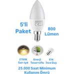 Repplam 8W Buji LED Ampul Sarı Işık 800 Lümen Ince Duylu Ampul Mum Ampul - 5 Adet