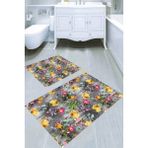 Resmiro 2'li Buhar Zemin Renkli Çiçek Desenli 50 x 60 cm - 60 x 100 cm Kaymaz Taban Yıkanabilir Banyo Paspası