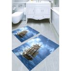 Resmiro Ay Işığında Gemi Desenli Kaymaz Taban Yıkanabilir 2'li Desenli Banyo Paspası (50X60 cm - 60X100 Cm) - Renkli