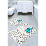 Resmiro Beyaz Çakıl Taşları ve Kelebek Kaymaz Taban Yıkanabilir 2'li Desenli Banyo Paspası (50X60 cm - 60X100 Cm) - Renkli