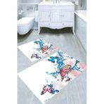 Resmiro Beyaz Çiçekler ve Kelebek Dansı Desenli Kaymaz Taban Yıkanabilir 2'li Desenli Banyo Paspası (50X60 cm - 60X100 Cm) - Renkli