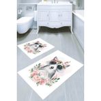 Resmiro Beyaz Zemin Çiçekler ve Rakun Desenli 2′li Banyo Paspası (50X60 cm - 60X100 Cm) - Çok Renkli - 60 x 100 cm
