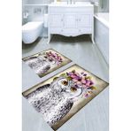 Resmiro Çiçekli Baykuş Desenli Kaymaz Taban Yıkanabilir 2'li Desenli Banyo Paspası (50X60 cm - 60X100 Cm) - Renkli
