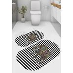 Resmiro Çizgili Çiçekli Fil Desenli Kaymaz Taban Yıkanabilir 2'li Desenli Banyo Paspası (50X60 cm - 60X100 Cm) - Renkli