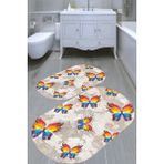 Resmiro Çizgili Kelebek Desenli Kaymaz Taban Yıkanabilir 2'li Desenli Banyo Paspası (50X60 cm - 60X100 Cm) - Renkli