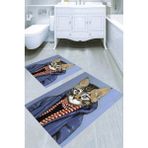 Resmiro Hüzünlü Kedi Desenli Kaymaz Taban Yıkanabilir 2'li Desenli Banyo Paspası (50X60 cm - 60X100 Cm) - Renkli