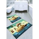 Resmiro Kaplumbağa ve Fil Desenli Kaymaz Taban Yıkanabilir 2'li Desenli Banyo Paspası (50X60 cm - 60X100 Cm) - Renkli