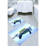 Resmiro Kaplumbağanın Sırtında Yaşam Desenli Kaymaz Taban Yıkanabilir 2'li Desenli Banyo Paspası (50X60 cm - 60X100 Cm) - Renkli