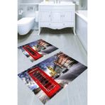 Resmiro Kırmızı Telefon Kulübesi Desenli Kaymaz Taban Yıkanabilir 2'li Desenli Banyo Paspası (50X60 cm - 60X100 Cm) - Renkli