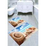 Resmiro Kumsaldaki Kabuk Manzara Desenli Kaymaz Taban Yıkanabilir 2'li Desenli Banyo Paspası (50X60 cm - 60X100 Cm) - Renkli