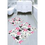 Resmiro Pembe Ananas ve Mermer Desen Üçgenler Desenli Kaymaz Taban Yıkanabilir 2'li Desenli Banyo Paspası (50X60 cm - 60X100 Cm) - Renkli