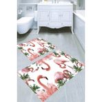 Resmiro Pembe Flamingo Çerçeve Desenli Kaymaz Taban Yıkanabilir 2'li Desenli Banyo Paspası (50X60 cm - 60X100 Cm) - Renkli