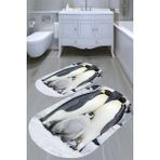 Resmiro Penguen Ailesi Desenli Kaymaz Taban Yıkanabilir 2'li Desenli Banyo Paspası (50X60 cm - 60X100 Cm) - Renkli