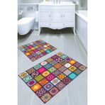 Resmiro Simetrik Kare Desenli Kaymaz Taban Yıkanabilir 2'li Desenli Banyo Paspası (50X60 cm - 60X100 Cm) - Renkli