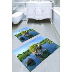 Resmiro Suda Yürüyen Kaplumbağa Desenli Kaymaz Taban Yıkanabilir 2'li Desenli Banyo Paspası (50X60 cm - 60X100 Cm) - Renkli