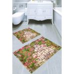 Resmiro Taş ve Sarmaşık Çiçekler Desenli Kaymaz Taban Yıkanabilir 2'li Desenli Banyo Paspası (50X60 cm - 60X100 Cm) - Renkli