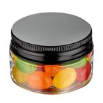Restaurantware RW Base 1 oz Şeker Kavanozları, 10 Dayanıklı Mutfak Saklama Kabı - Yuvarlak, Hava Geçirmez Conta, Siyah Alüminyum Kapaklı Şeffaf Plastik Atıştırmalık Kavanozları, Masa Teşhir veya Şeker Büfe İçin -