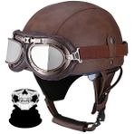 Retro Açık Yüz Kask Motosiklet Vintage Deri Yarım Kask Motosiklet Kaskı Erkek Kadın Scooter Kask ECE Onaylı Çarpışma Kaskı Cruiser Chopper Moped Kask(D,M=(57~58cm))