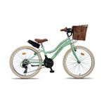 Retro Classic 24 Jant Bisiklet, Shimano 21 Vites, Hasır Sepetli Vintage Şehir Bisikleti Krem Lastik - Yeşil