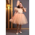 Retro Women Kız Çocuk Tül Beyaz Pembe Kırmızı Tokalı Prenses Doğum Günü Bayram Abiye Mezuniyet Şık Elbise - 9 Yaş - Bej
