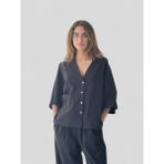 Retrobird Tasarım V Yaka Keten Kimono Gömlek Kadın Siyah - L - XL - 0 - Siyah