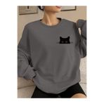 Revasser Kadın KEDİ Detaylı Özel Baskılı Renkli Oversize Bisiklet Yaka Pamuklu Sweatshirt