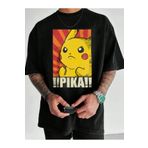 Revasser Unisex Erkek/Kadın Pikachu Renkli Özel Baskılı Oversize Pamuklu Bisiklet Yaka T-Shirt Tişört