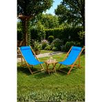 Reyo Ahşap Katlanır Şezlong Set, 2 Şezlong ve 1 Sehpa, Mavi Minderli, Modern Stil, Balkon, Bahçe, Teras ve Plaj için