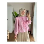 RFK Butik Kadın Etek Üstü Önü Bağcıklı Balon Kol Kısa Tesettür Gömlek - Pembe