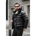 Rhones Yaka ve Eteği Kürklü Kışlık Şişme Deri Mont - Siyah - Siyah - 2XL