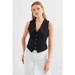 Ribana Classic Kadın Kruvaze Kesim Slim Fit V Yaka Düğme Detaylı Yelek - 42 - Siyah
