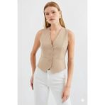 Ribana Classic Kadın Kruvaze Kesim Slim Fit V Yaka Düğme Detaylı Yelek - 44 - Bej