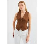 Ribana Classic Kadın Kruvaze Kesim Slim Fit V Yaka Düğme Detaylı Yelek - 44 - Kahverengi