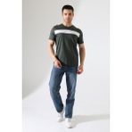 ribana Erkek Iki Renk Parçalı Bisiklet Yaka T-Shirt - Pamuklu Tişört - Haki - XL