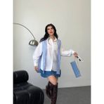 ribana Kadın Atkı Detay Uzun Kollu Terry Cotton Çizgili Gömlek 3201 - XL - Mavi