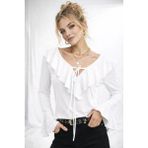 ribana Kadın V Yaka Fırfır Detaylı Uzun Kollu Crop Trend Bluz 979 - Beyaz - 38 - 42